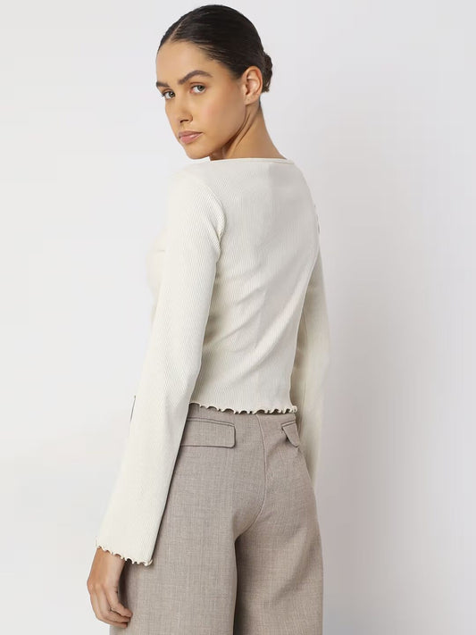 Gizem Off-White Ribbed Knitted Top