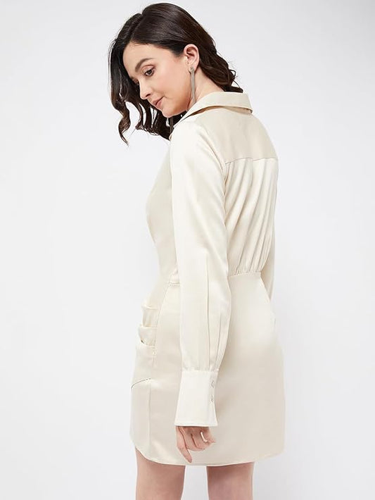 Gizem Beige Satin Shirt Dress