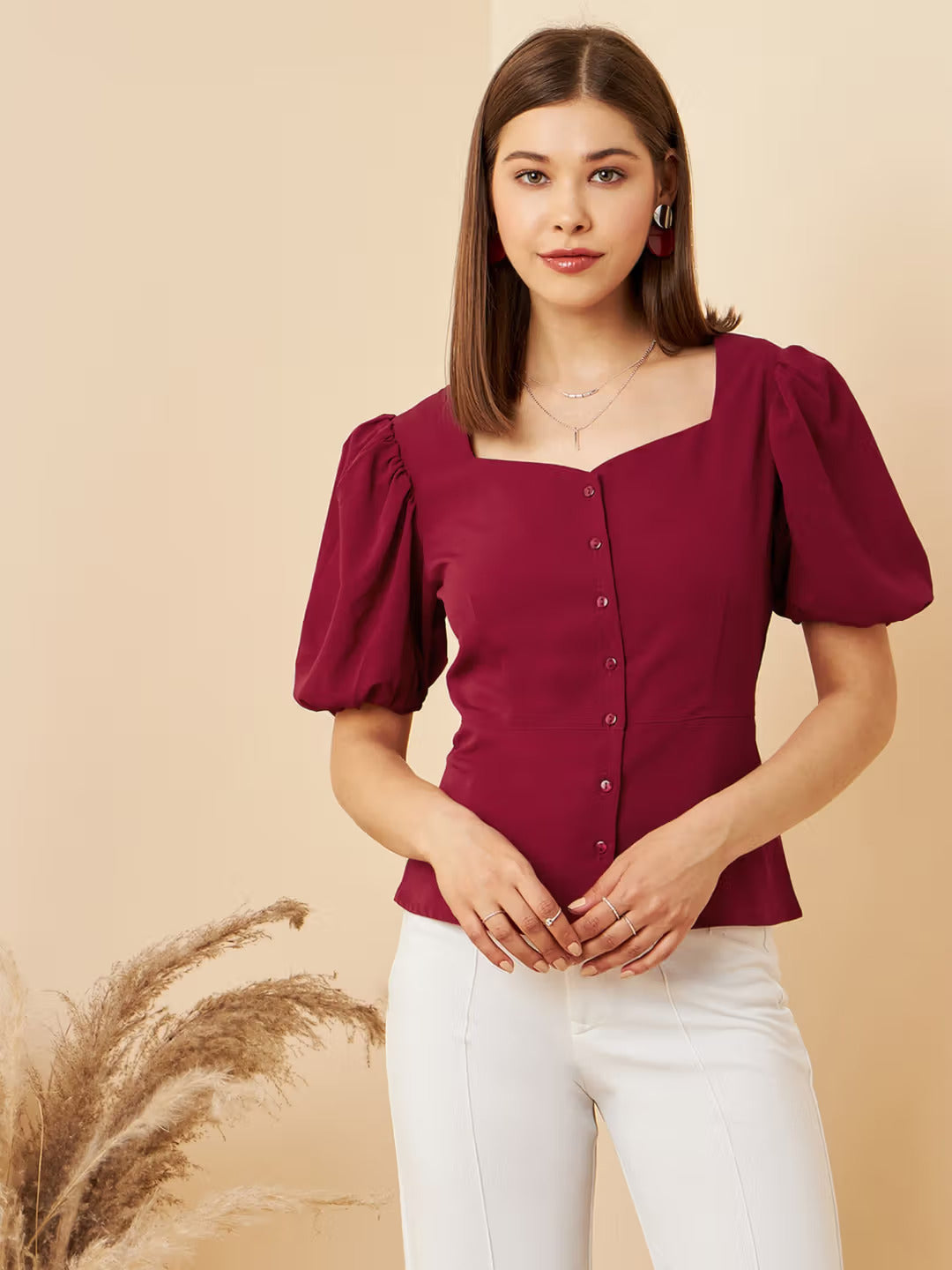 Gizem  Casual  Colour Sweetheart Neck Solid Regular Top