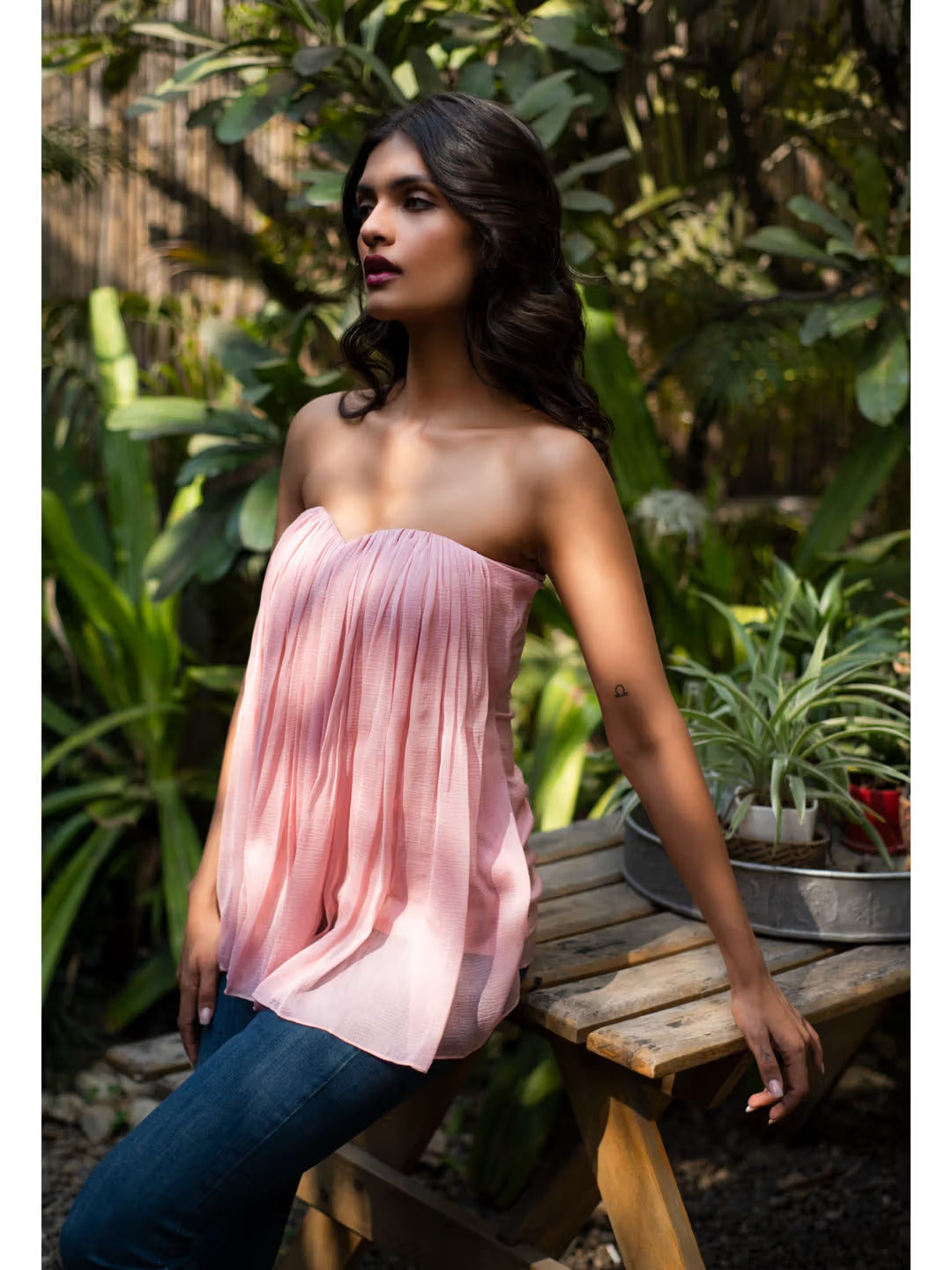 Gizem Strapless Pleated Pink Top