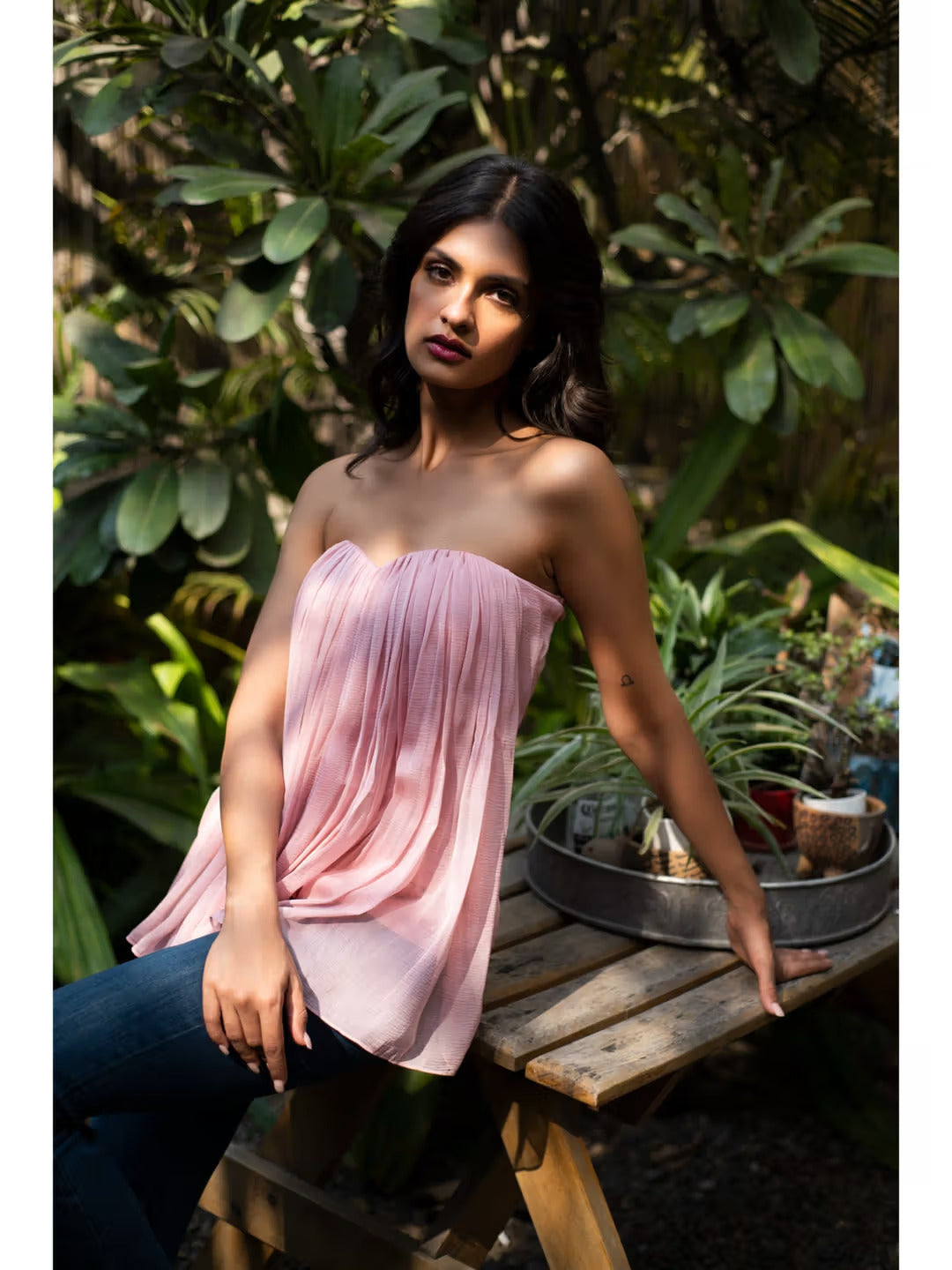 Gizem Strapless Pleated Pink Top