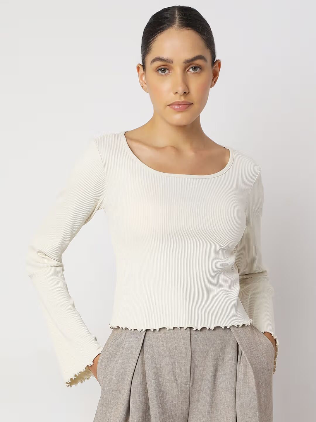 Gizem Off-White Ribbed Knitted Top