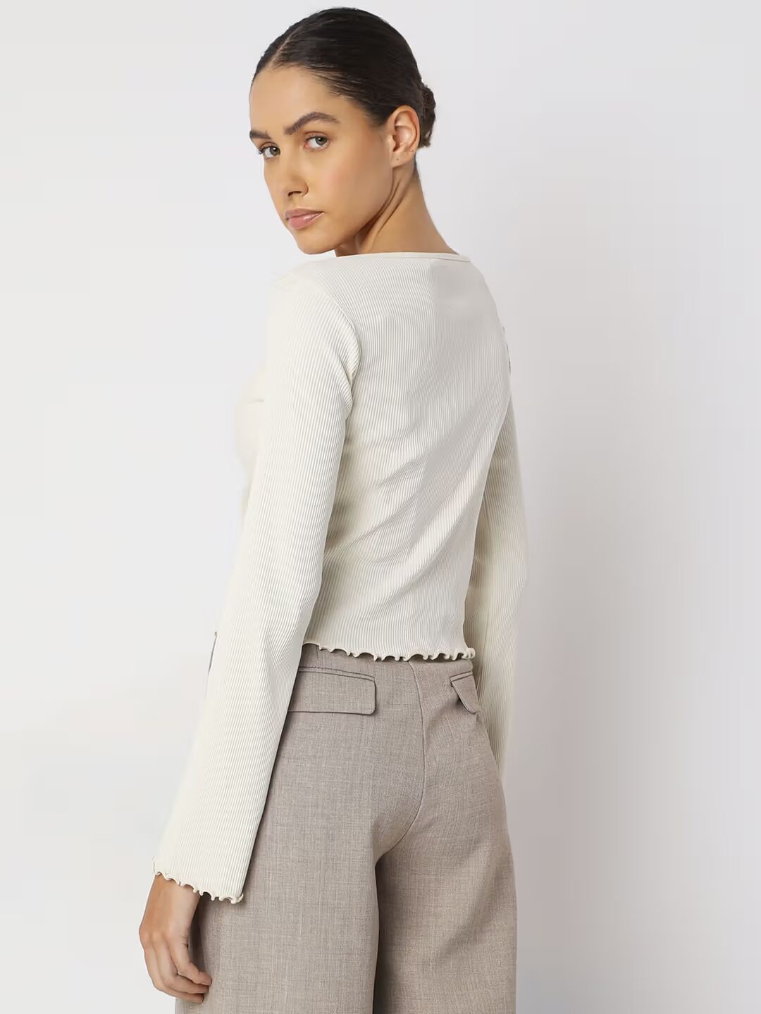 Gizem Off-White Ribbed Knitted Top