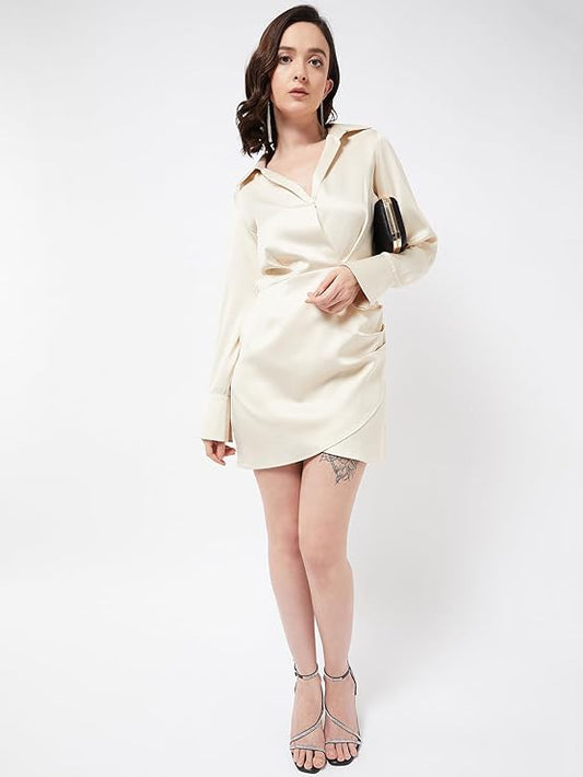 Gizem Beige Satin Shirt Dress