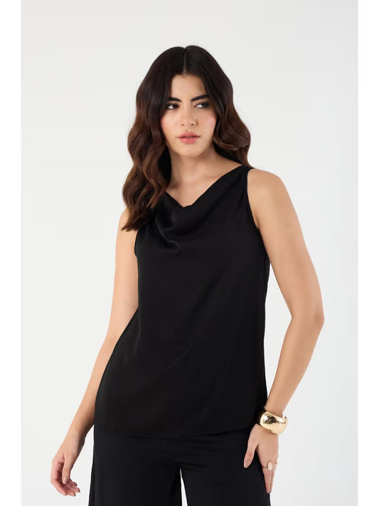 Gizem Black Cowl Neck Satin Top