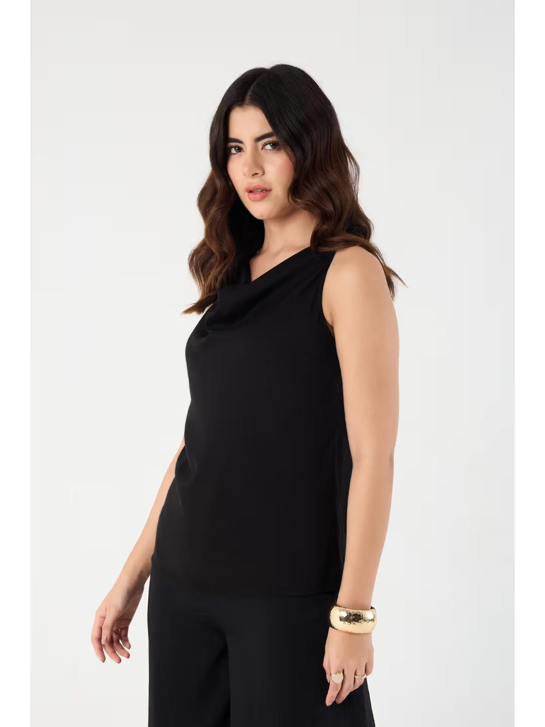 Gizem Black Cowl Neck Satin Top