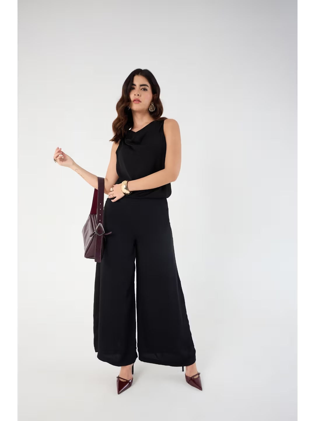 Gizem Black Cowl Neck Satin Top