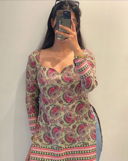 Paisley Print Long Sleeve Kurti in Green and Pink